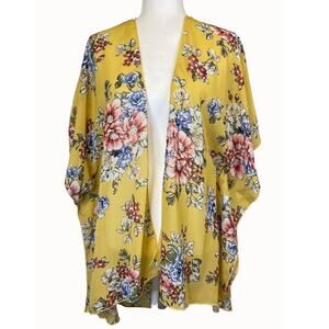 Emory Park Yellow Floral Print Kimono Women Sz M Wrap Beach Cover Up